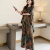 2Pcs/Set O-Neck Half Sleeve Casual Outfit High Low Hem Elastic Waistband Pockets Women Retro Pattern Long Top Wide Leg Pants Set Streetwear
