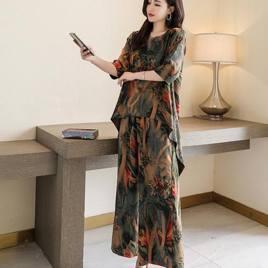 2Pcs/Set O-Neck Half Sleeve Casual Outfit High Low Hem Elastic Waistband Pockets Women Retro Pattern Long Top Wide Leg Pants Set Streetwear