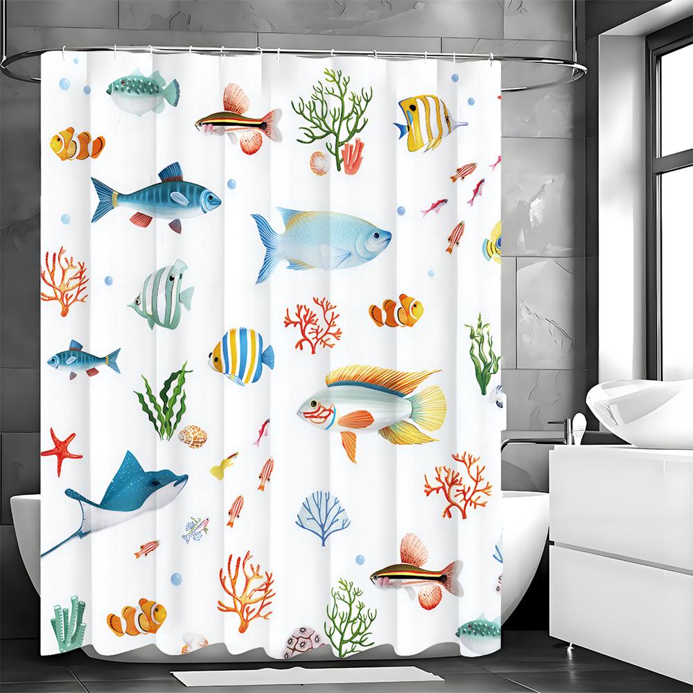 Tropical Fish Coral Shower Curtain, Bathroom Decorative Shower Curtain, Waterproof Shower Curtain with Hooks