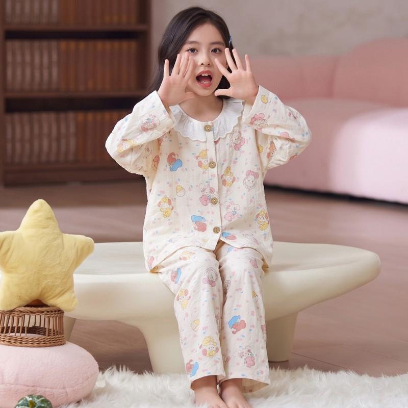 Girls Long Sleeve Pajama Set Cotton Cloud Fabric Loose Fit Cartoon Print Home Wear Ages 8