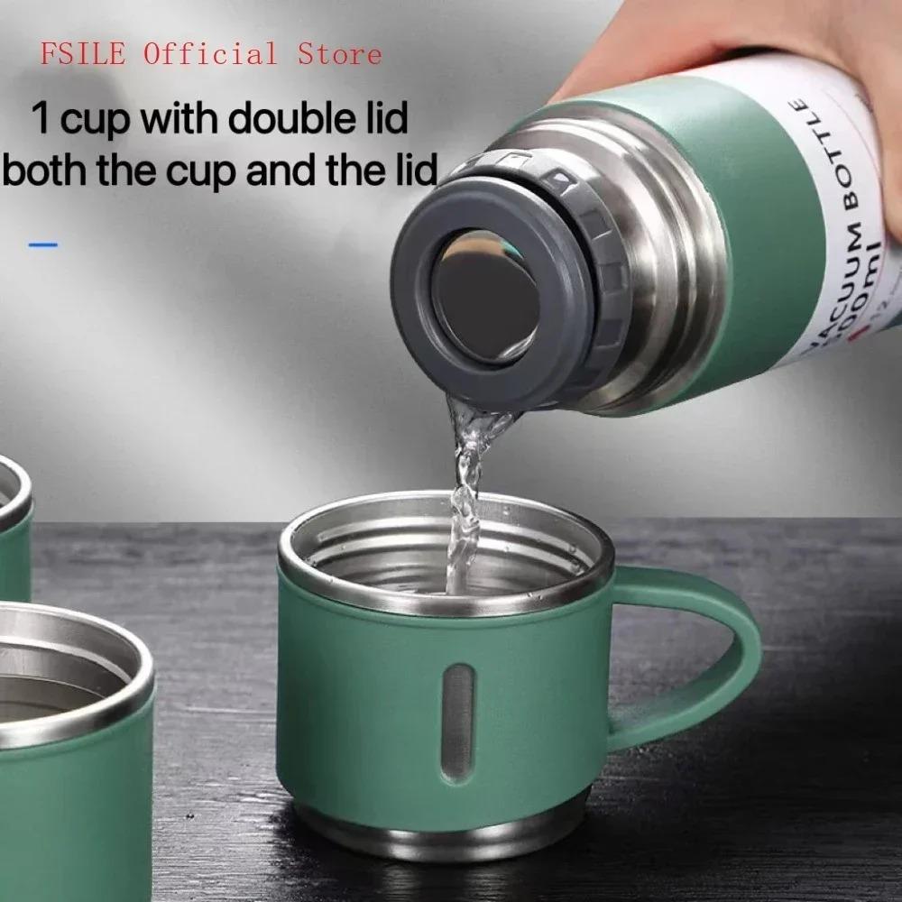 500ml 3-in-1 Lid 304 Stainless Steel Thermos Gift Set, Double Wall Vacuum Insulated Water Bottle with 2 Drinking Cups