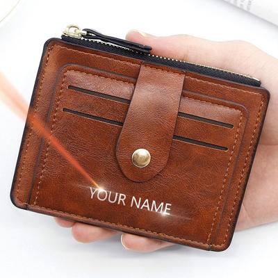 Novas carteiras de cartão mini masculinas, gravura de nome grátis, bolsas finas, bolso para moedas com zíper, carteira masculina pequena de luxo, porta-cartões unissex