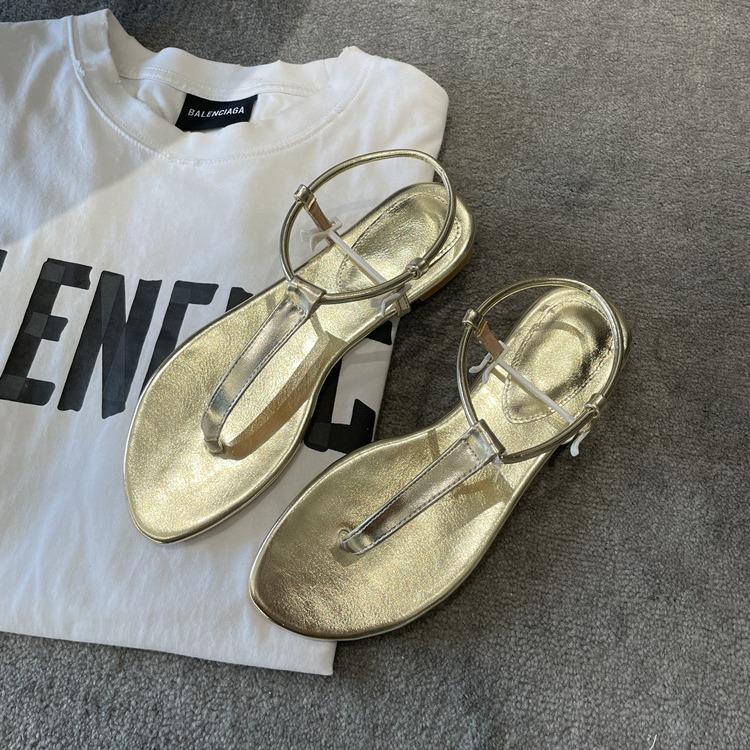 Schaflederversion~ Echte Leder goldene Römersandalen Damen Sommerbekleidung Einwort mit flachem Boden rutschfeste Zehensteg-Flip-Flops Schuhe