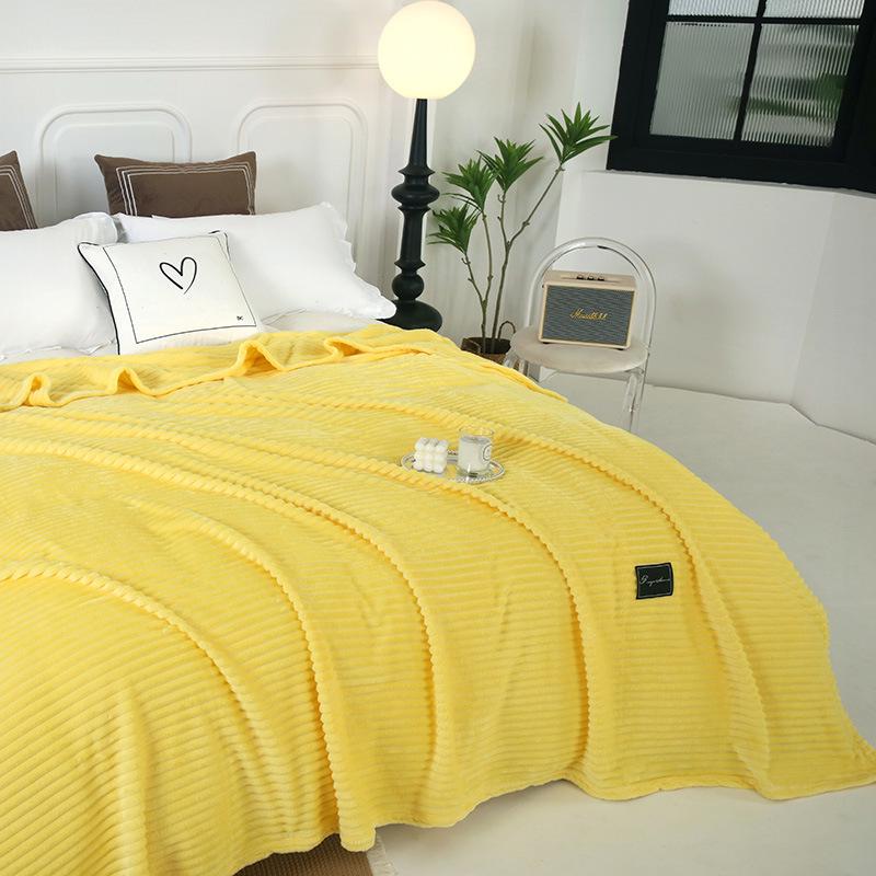 Thickened Flannel Striped Velvet Blanket, Plain Color Coral Fleece