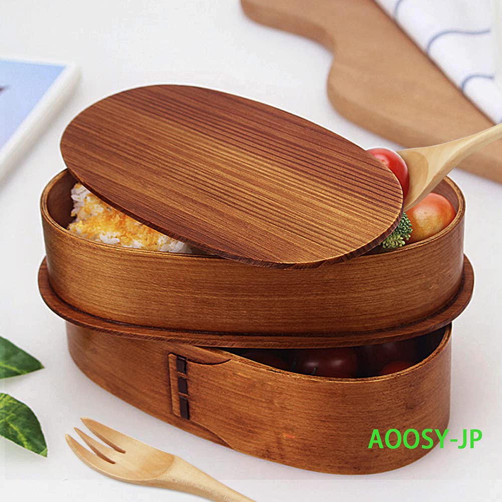 AOOSY 1000ml Bento Natural Lacquered Bentwood Lunch with Wooden Spoon and Perfect for Commuting or Handmade Large for Boys and Students Box, Oval,