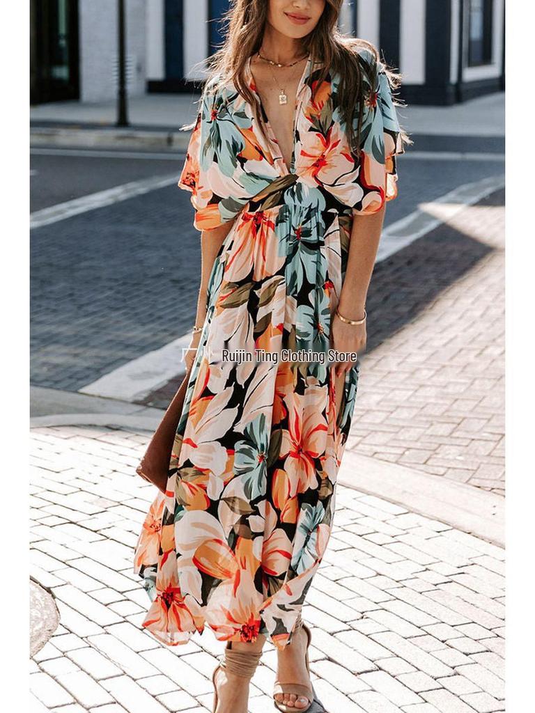 2026 Summer Floral V-Neck Dress: European & American Style, Slimming Fit for Women