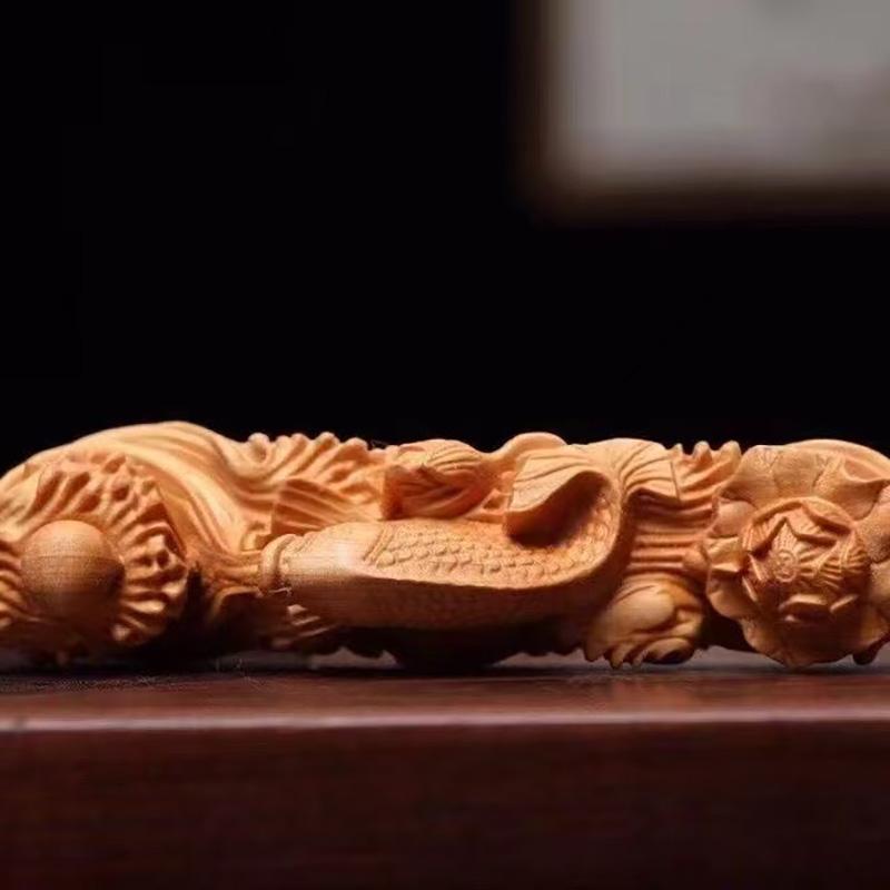 Solid Wood Carving Ruyi Fish Sculptures and Figurines Lucky Small Animals Cute Home Room Office Table Decoration and Accessories