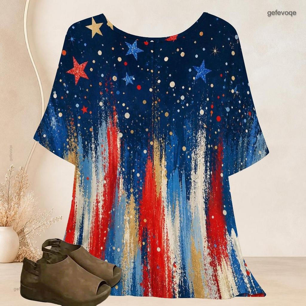 Damen Übergröße Fledermausärmel Kurzarm Oberteil Rundhals Stern Farbspritzer Print Locker Lässige Tunika Bluse