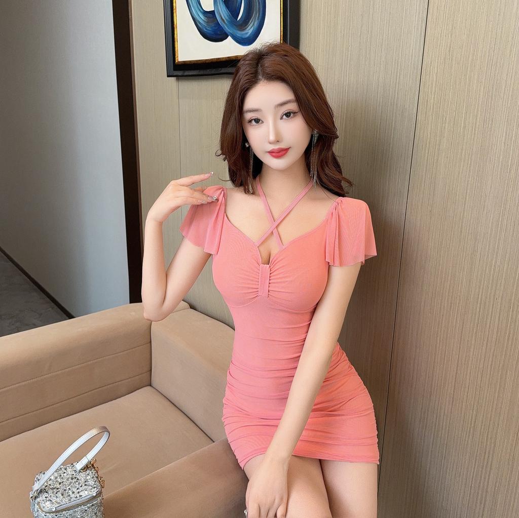 Nightclub work clothes age-reducing soft overalls sexy low-cut and thin mesh neck dress women