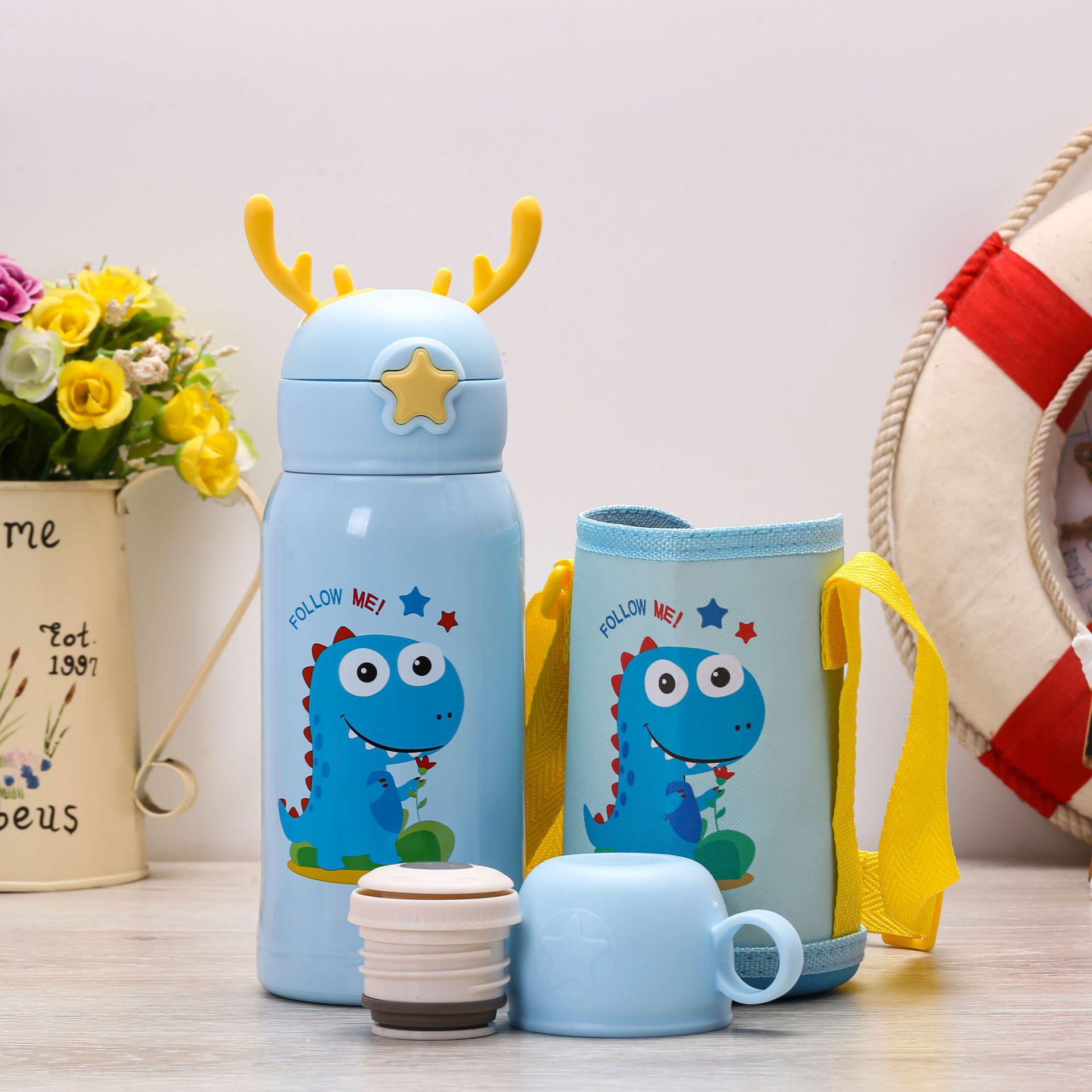 Children s Large Capacity Cartoon Thermos Cup - 316 Stainless Steel Antler Straw Bottle 500mL