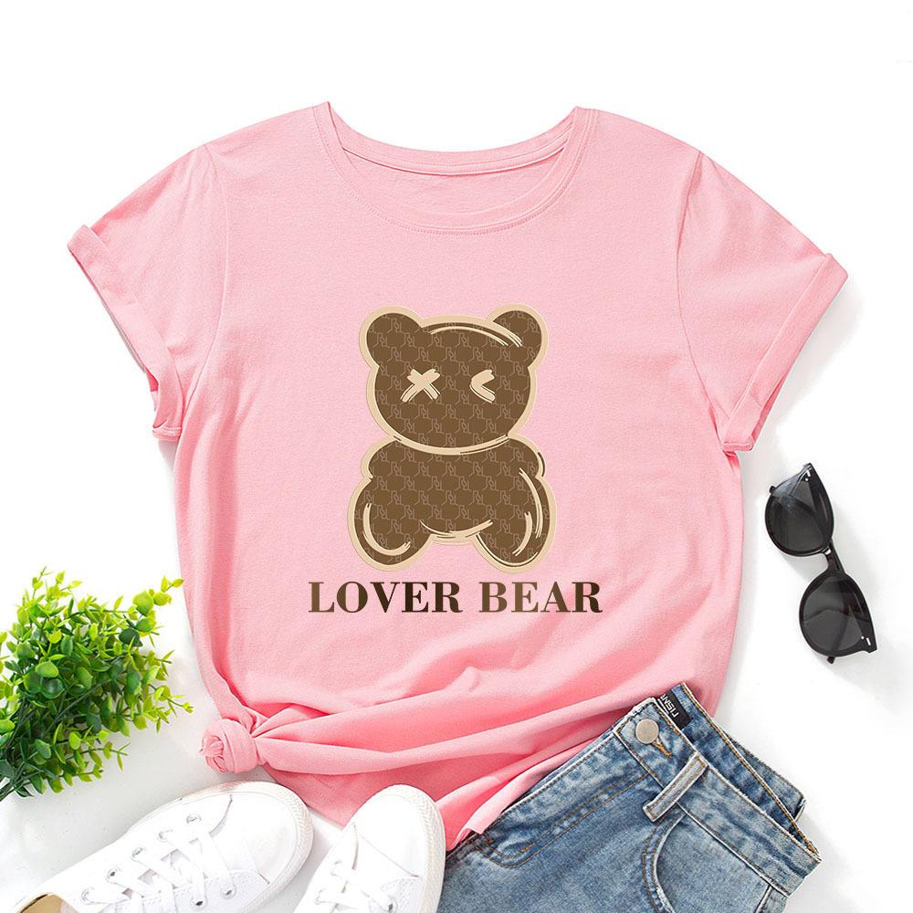 

Summer Round Neck Cute Bear and Letter Pattern Printed Top Fashionable Casual Pure Cotton Short Sleeved Women s T-shirts 3XL