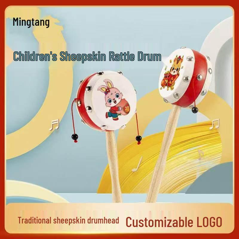 Lambskin Rattle: Wooden Baby Hand-Shaking Drum, Drop-Resistant, Chewable Musical Toy