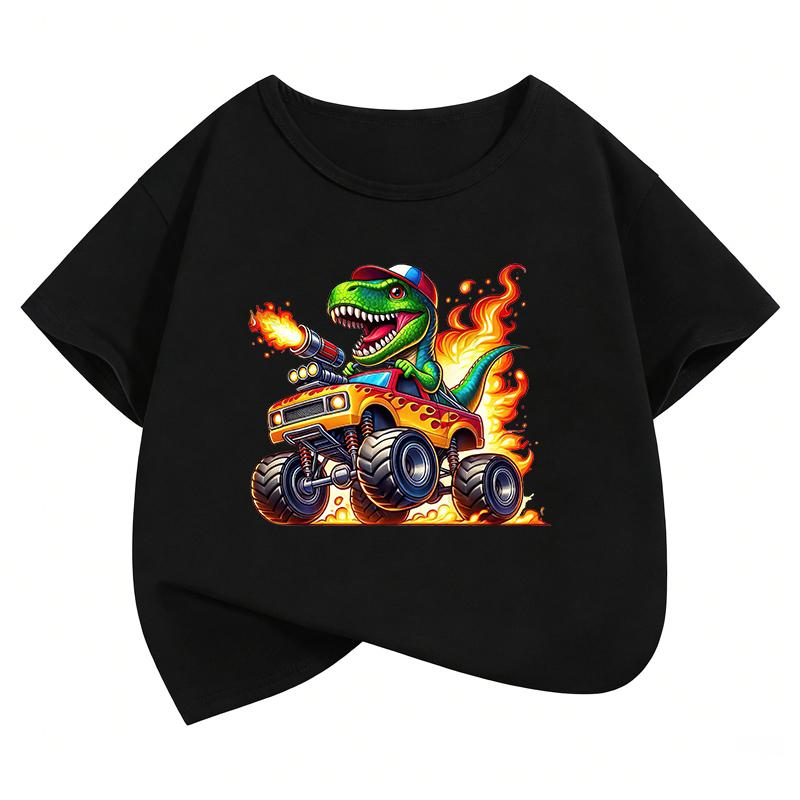 TShirt Kawaii Dinosaur with Car Printed T Shirt Boy Summer Clothes Short Sleeve Tops TShirts Cute Girls Clothing Kids