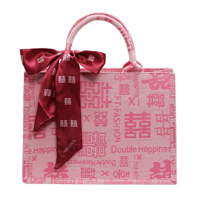 New Wedding Red Fashion Portable Tote Bag Women's Large-capacity Niche Design Baixi Character Canvas Wedding Bag