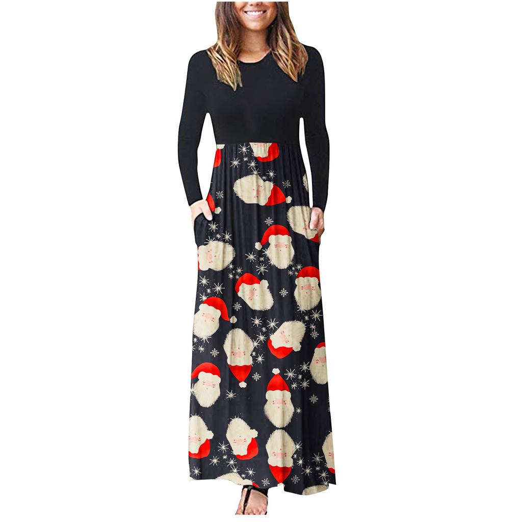 Women's Casual Long Sleeve Round Neck Christmas Print Dress