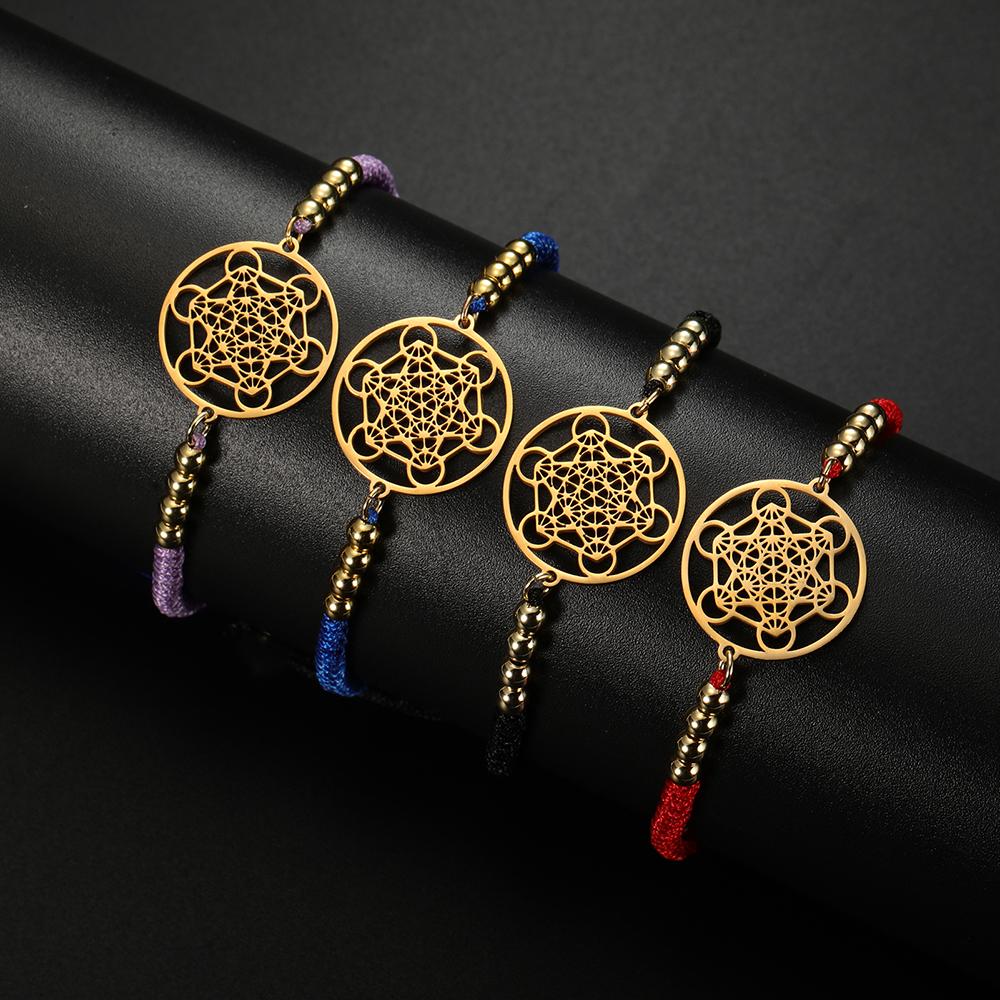 Dawapara Flower of Life Metatron Cube Bracelet for Women Men Adjustable Rope Chain Stainless Steel Charm Bracelet Couple Jewelry