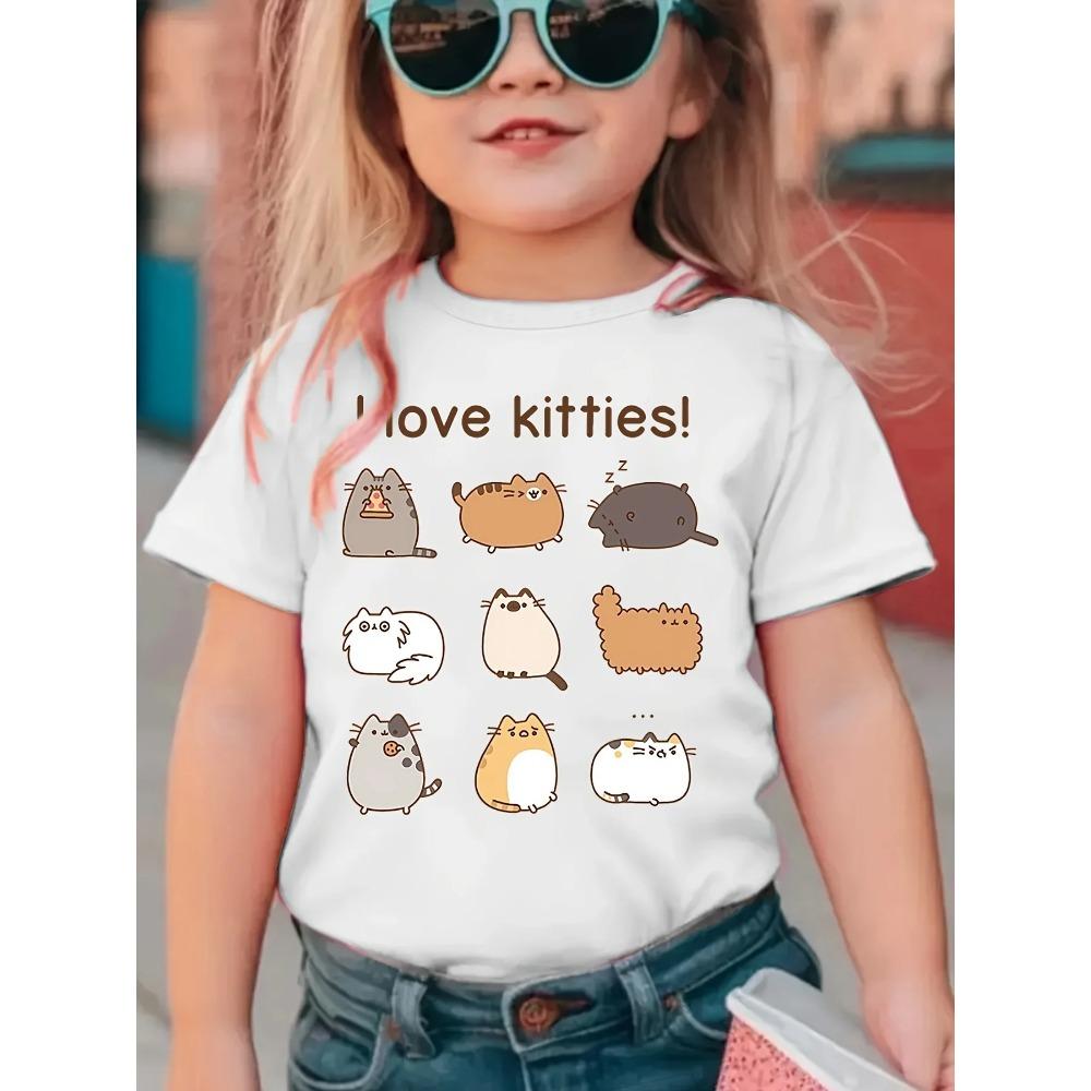 Children's Clothing Summer T-shirt Cat Print Top Casual Short Sleeved T-shirt Fashionable Girl T-shirt Round Neck Children's Clothing