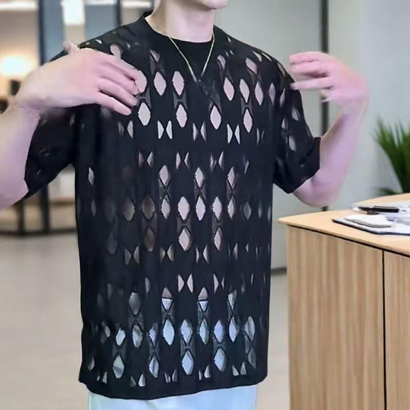 Men's Summer Sheer Diamond Mesh Short Sleeve T-shirt Crew Neck Loose Casual See-through Tee Shirt