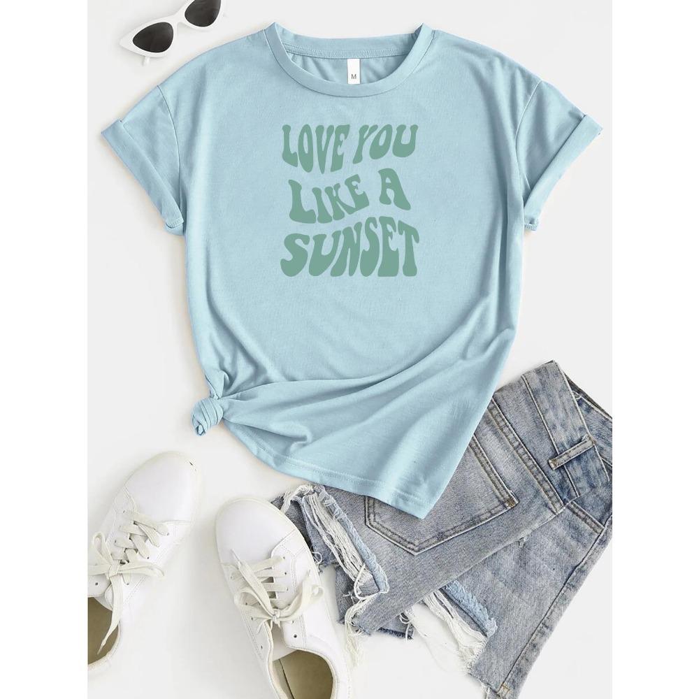 Women'S Top Crew Neck Letter Print Short Sleeve T-Shirt