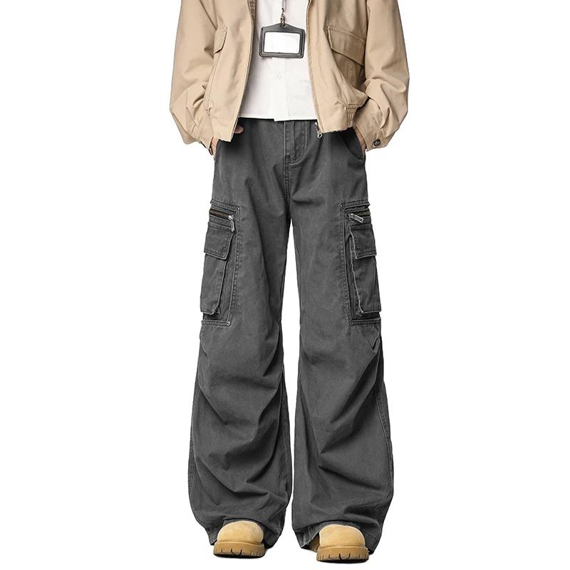 

Autumn Men Retro Distred Multi-Pocket Pants Men Streetwear Wide Leg Pants Male Loose Straight Casual Lightweight Khaki Trousers XL темно серый