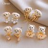 Sweet and Cute Zircon Flocked Bear Pearl Earrings Stud Earrings Exquisite Earrings Women