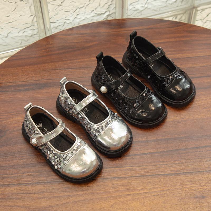 2025 autumn new classmate little girl temperament sequined princess shoes Korean version fashion trendy girls single leather shoes