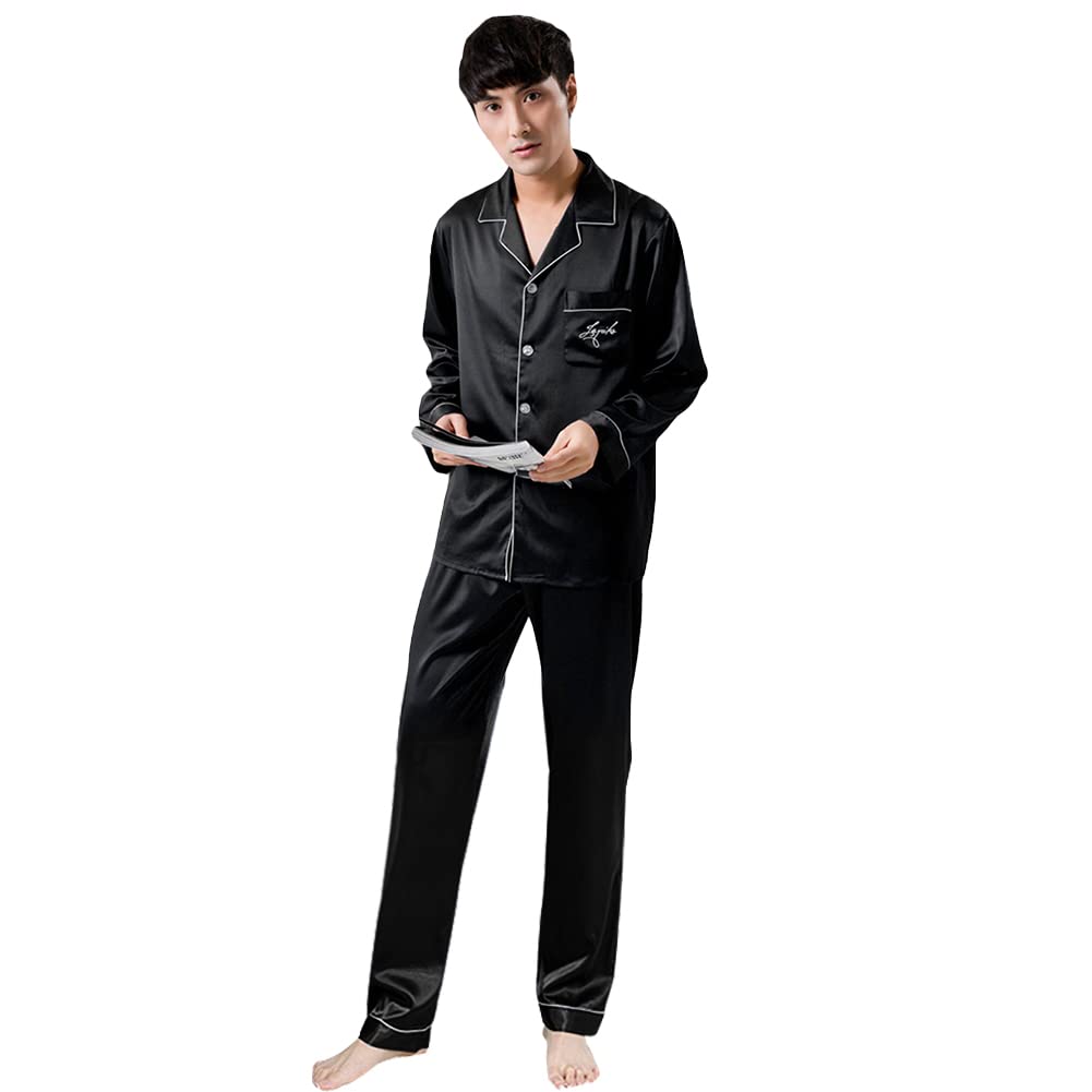 Chian Silk Long Top and Bottom Size XL Men's Pajamas, Loungewear, Sleeve, Open-Front, Set, Moisture-Wicking, Breathable, Black,