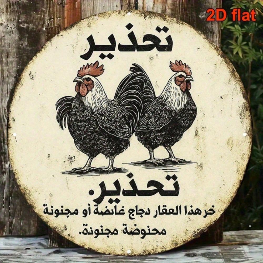 Vintage Arabic Calligraphy Rooster Metal Wall Art Rustic Farmhouse Round Sign Home Decor 8x8 Inch