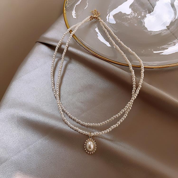 Double Pearl Water Drop Necklace Choker Collarbone Chain Feminine Simple Temperament Trendy Neck Necklace