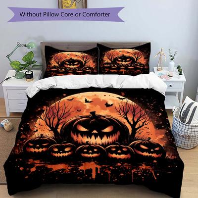 3pcs Scary Pumpkin Quilt Cover Set - Soft and Cozy Bedroom, Guest Room and Dorm Decorative Bedding 3-Piece Set 1 Quilt Cover + 2 Pillow Shams.N08