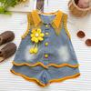 Girls Summer Thin Denim Two Piece Set Cute Bow Sleeveless Vest And Shorts Outfit Fashionable Kids Clothing