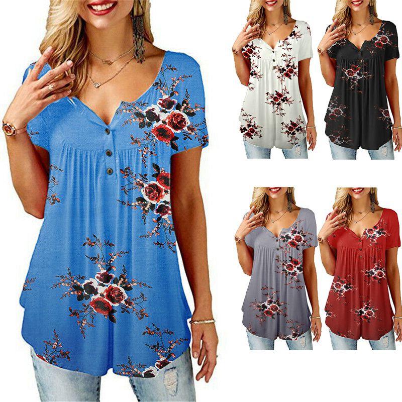 Women Floral Short Sleeve T Shirt Tops Ladies Tunic Baggy V Neck Pullover Blouse