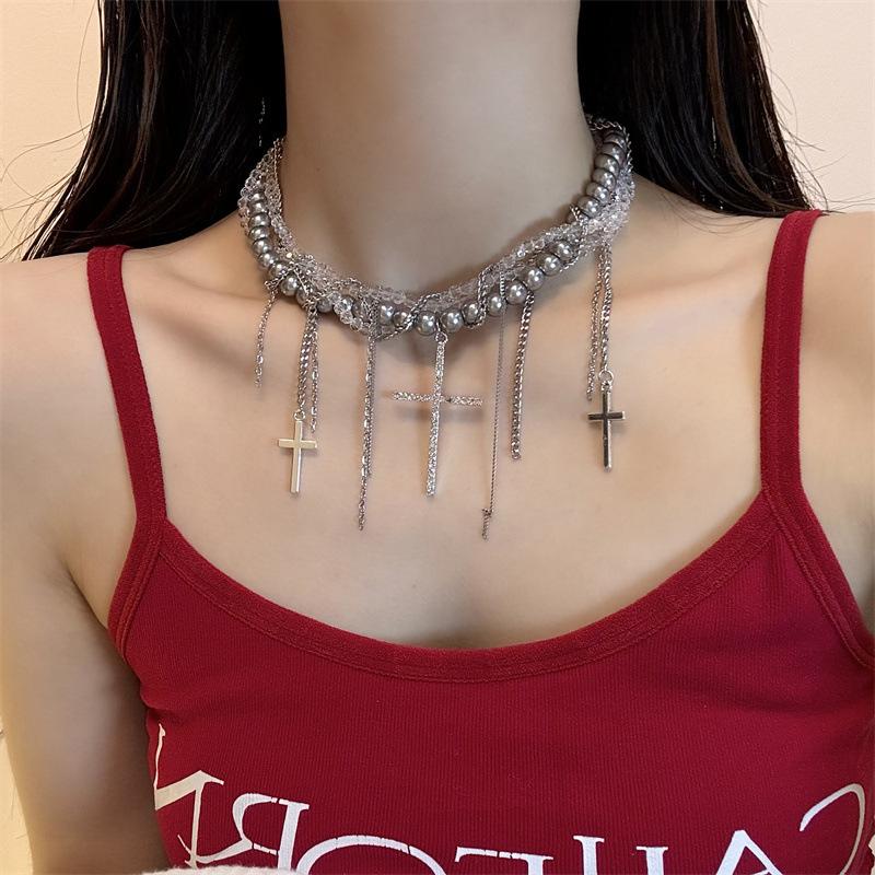 Dark Wind Cross Pearl Tassel Necklace Women's Light Luxury Premium Sense Clavicle Chain Punk Choker Necklace