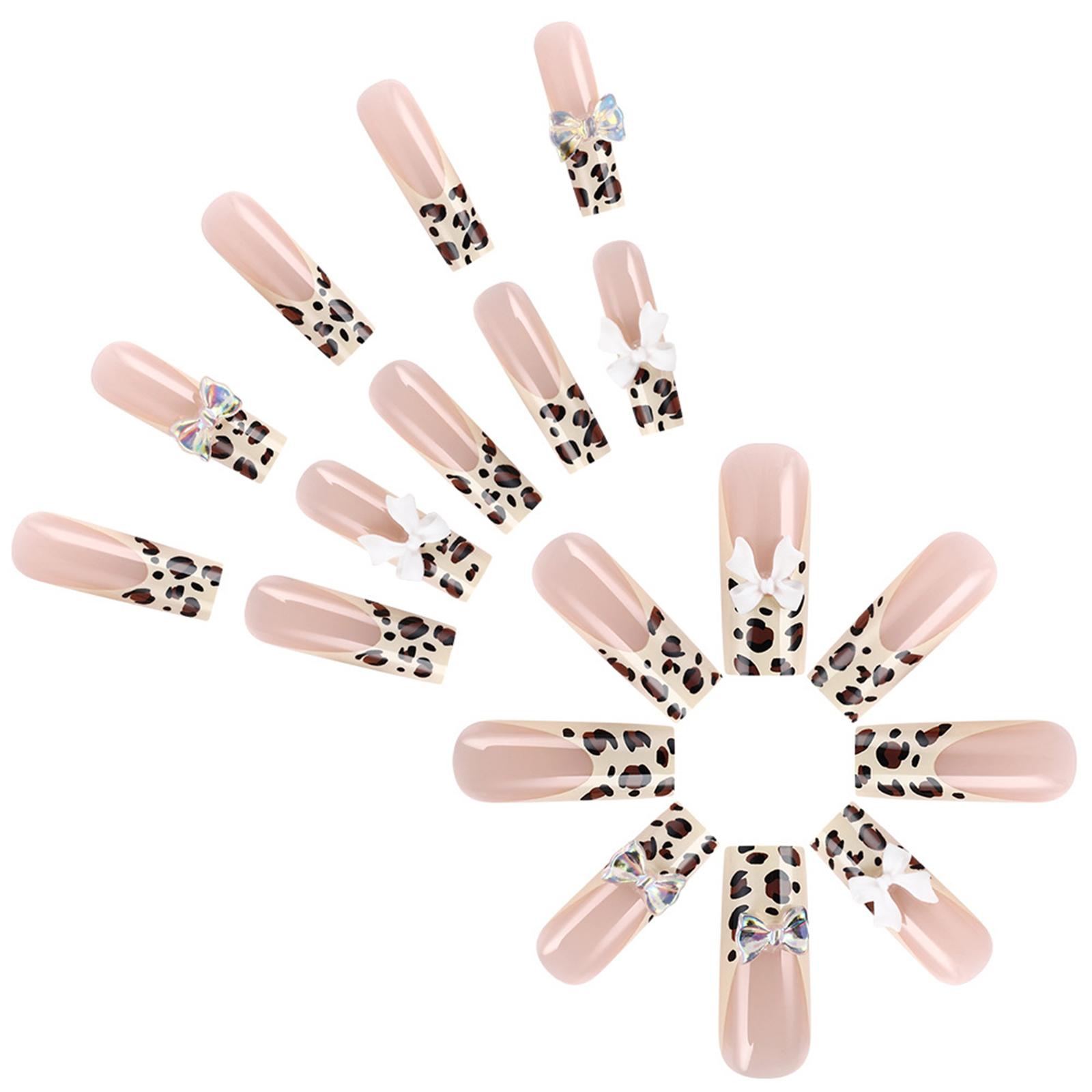 

24 шт. Накладные ногти с французским кончиком, 3D банты, полное покрытие, длинные квадратные наклейки, акриловые ногти с леопардовым принтом
