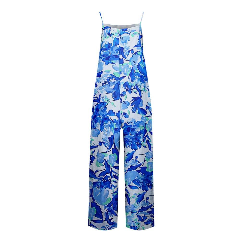 Wide Leg Overalls For Women Casual Loose Sleeveless Print Button Long Pant Romper Jumpsuit With Pockets