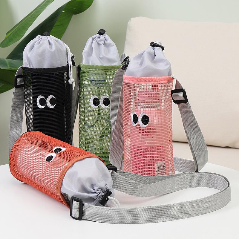 Premium Cute Cartoon Eyes Mesh Water Bottle Bag Adjustable Strap Drawstring Bottle Sling for Outdoor Travel