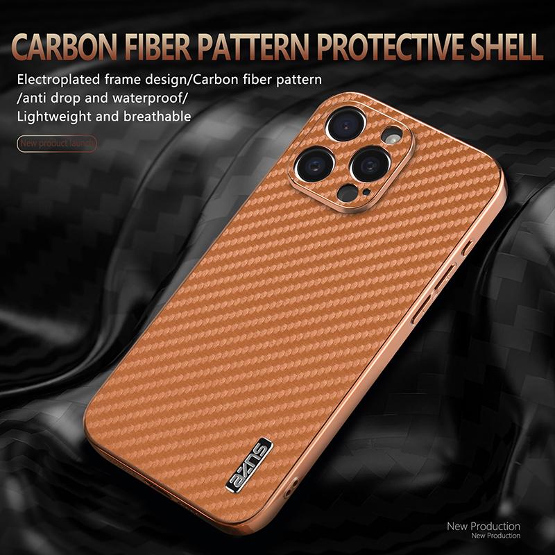 AZNS For iPhone 15 Pro Max Case Electroplating Carbon Fiber Texture PU+TPU Phone Cover