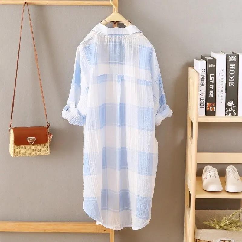 Women's Mid-length Plaid Shirt Long Loose Jacket Women's Sun Protection Clothing Large Size Loose Thin Jacket Ladies Long Chiffon Shirt