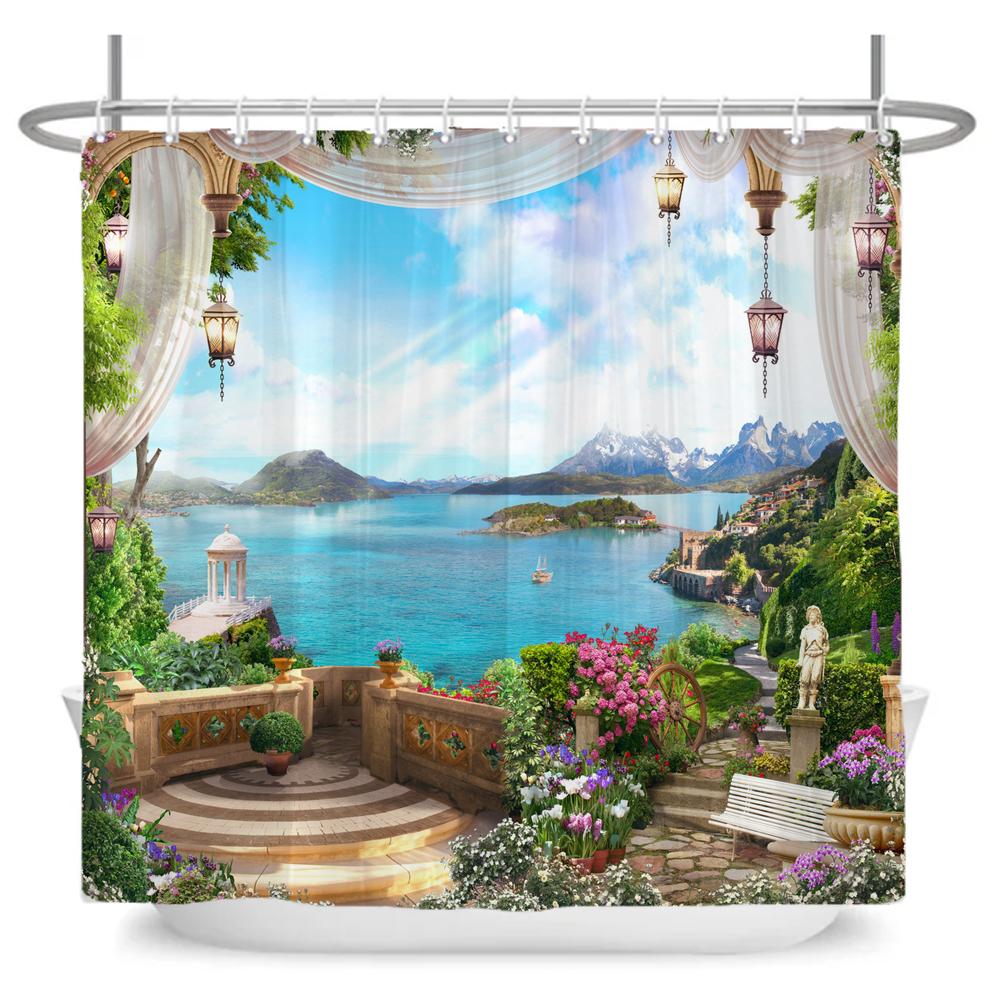 Beautiful Seaside Garden 3D Print Shower Curtain Rural Flower Scenery Bathroom Waterproof Bathtub Curtain Home Decor With Hooks