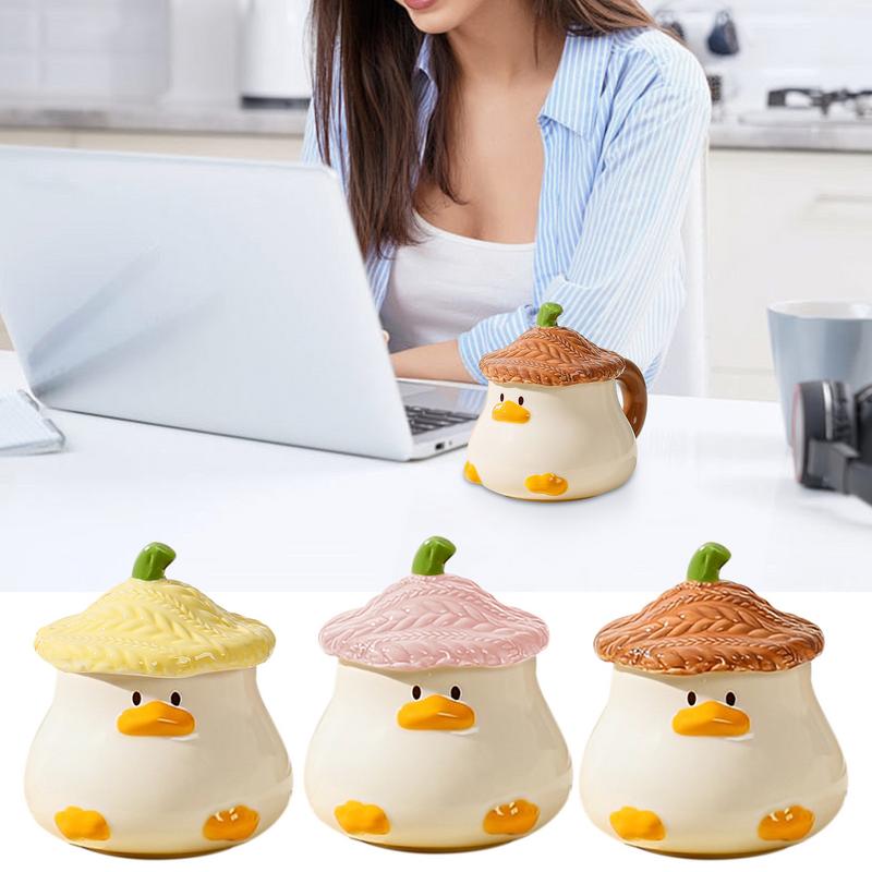 Cute Duck Coffee Mug Novelty Funny Tea Cup With Hat Lid 400ml Cartoon Ceramic Drinkware Tableware With Handle For Kids And Adult