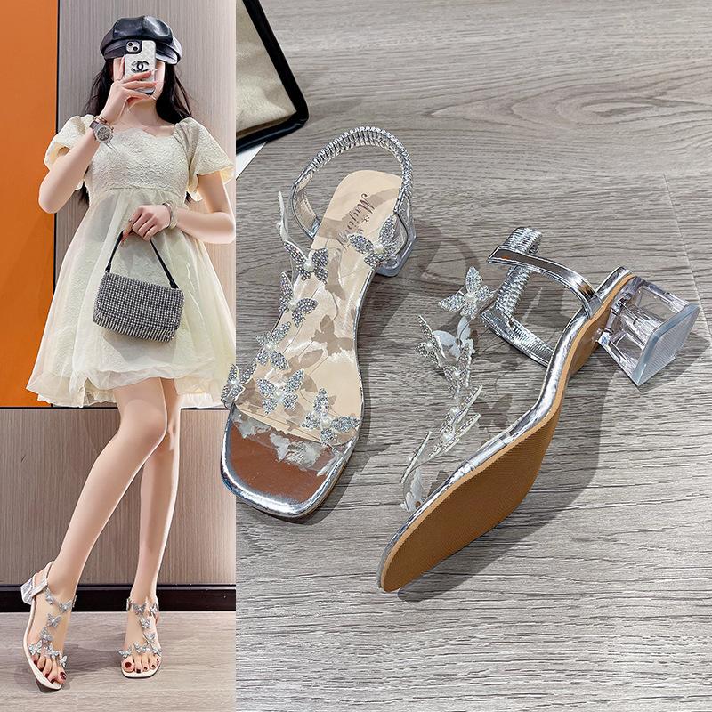 Women wear 2025 new thick heel sandals Internet celebrity transparent crystal rhinestone fashion bow fashion high heel sandals