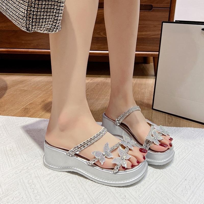 Platform Heightened Sandals Summer Wear New Round Head Rhinestone Butterfly Thin Belt Wedge Two-wear Flip-flops