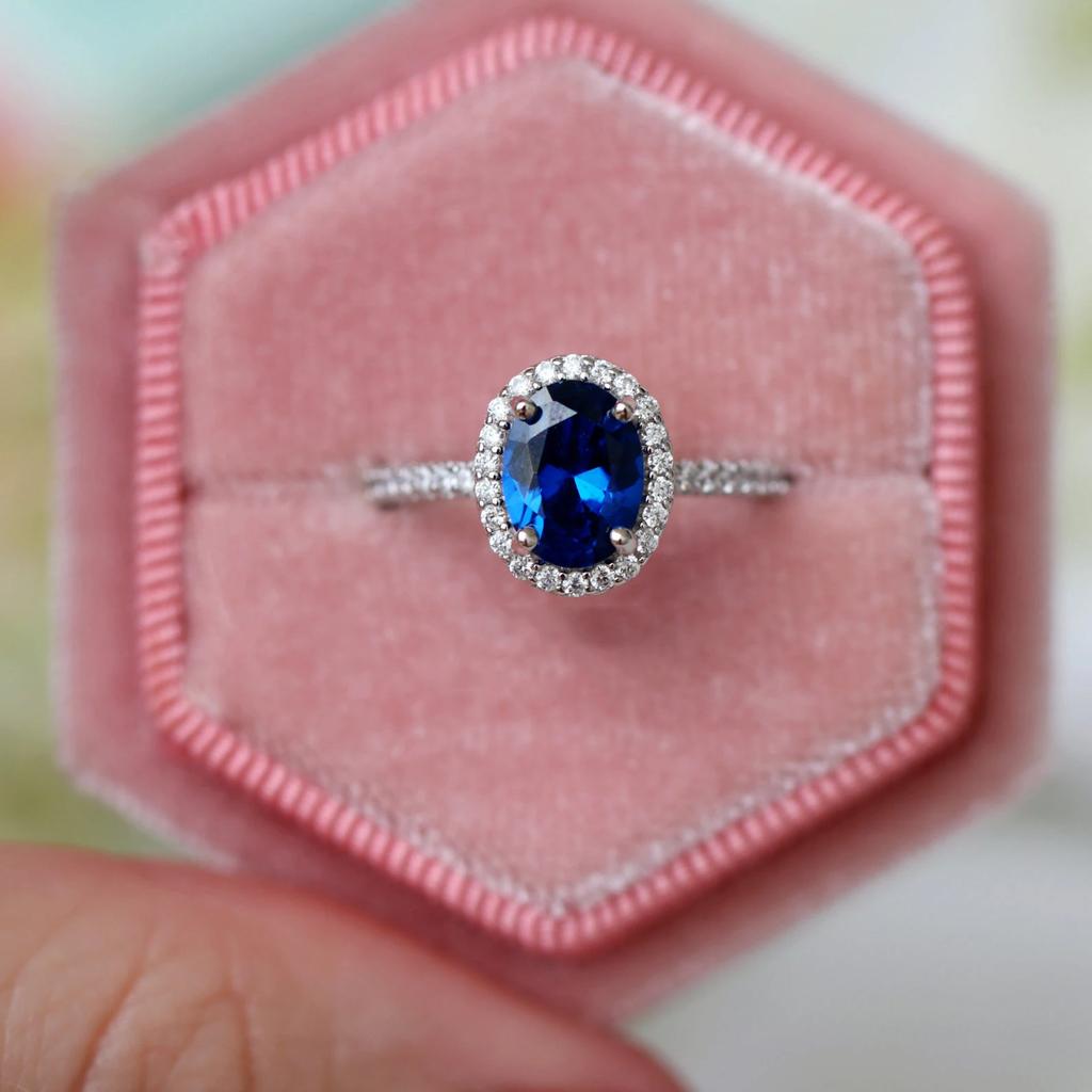 Female Big Blue Oval Zircon Stone Ring with  Stamp Vintage Wedding Band Silver Rings for Women Promise Engagement Ring