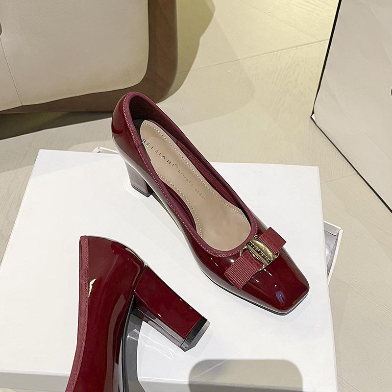 Female elite classic bow light mouth thick heel Mary Jane shoes high heel square head thick heel single shoes versatile 35 бордовый