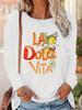 La Dolce Vita Zitronen-Print Langarmshirt Damen T-Shirt Damen Print T-Shirt Rundhals Oberteil Tee T-Shirt Freizeit