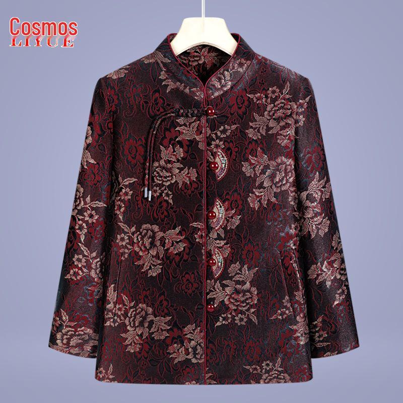 

Кардиган для бабушки в китайском стиле весна/осень 2025: Элегантное пальто с отложным воротником и топ со стойкой для среднего и пожилого возраста 3XL (60-65 kg) красный