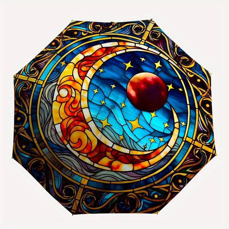 Stained Celestial Window Panel: Moonlit Night DesignUmbrella, Portable 3-Fold Compact Umbrella for Men & Women Gift