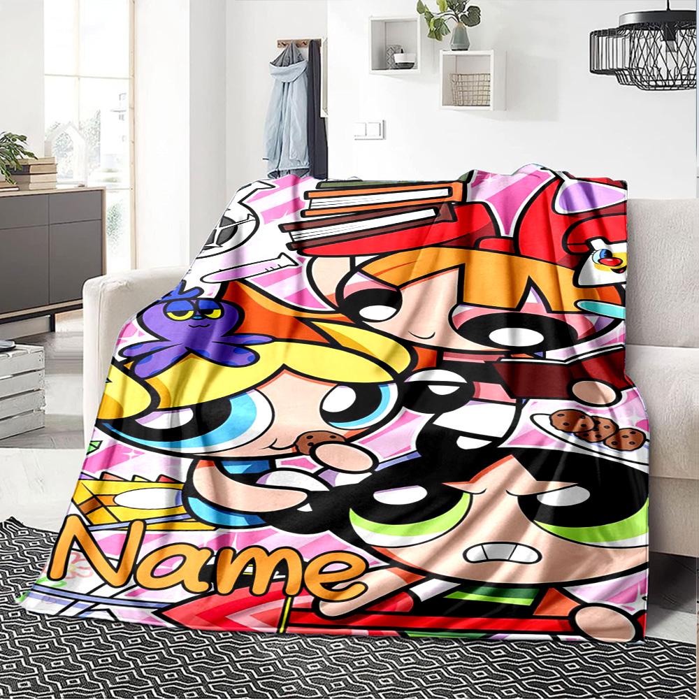Custom Name Powerpuff Girls Adventure Flannel Blanket for Super Soft Cute Comfort Blanket for Travel Bedding Couch Sofa Blanket