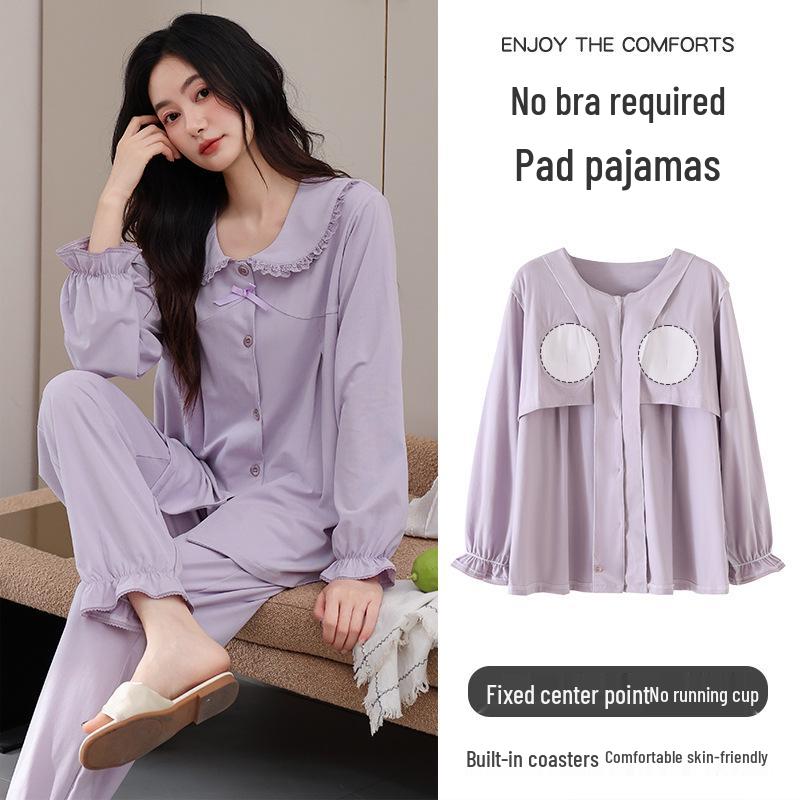 Women's Cotton Pajama Set: Cardigan, Long Sleeve, Long Pants with Chest Pad – Fashionable and Casual Autumn Homewear