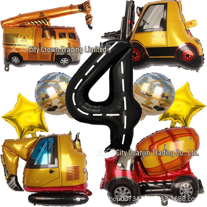 Cartoon Construction Vehicle Balloon Set: Forklift, Cement Mixer & Excavator for Kids' Birthday Decorations